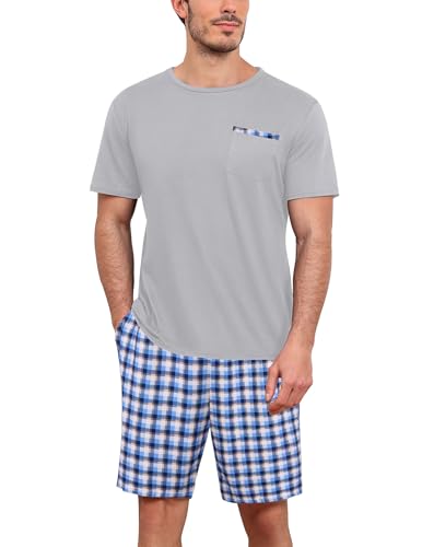 Ekouaer Herren Schlafanzug Kurz Pyjama Kurzarm Shirt mit Tasche Pyjamahose Zweiteilig Set Nachtwäsche von Ekouaer