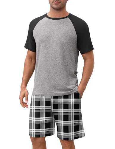Ekouaer Schlafanzug Herren Kurz Pyjamaset Shorty Weich Zweiteiliges Set Kurzarm Shirt Kariert Schlafanzughose, Grau-Schwarzkariert, XXL von Ekouaer