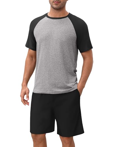 Ekouaer Schlafanzug Herren Kurz Pyjamaset Shorty Weich Zweiteiliges Set Kurzarm Shirt Kariert Schlafanzughose, Schwarz, XXL von Ekouaer