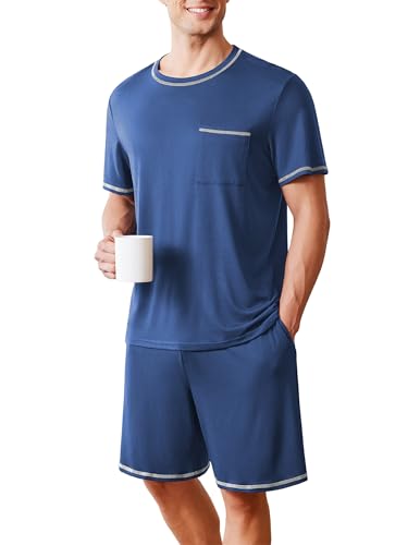 Ekouaer Schlafanzug Herren Kurz Sommer Pyjama-Set mit Rundhalsausschnitt-Oberteil und kurzer Hose, Blau, L von Ekouaer