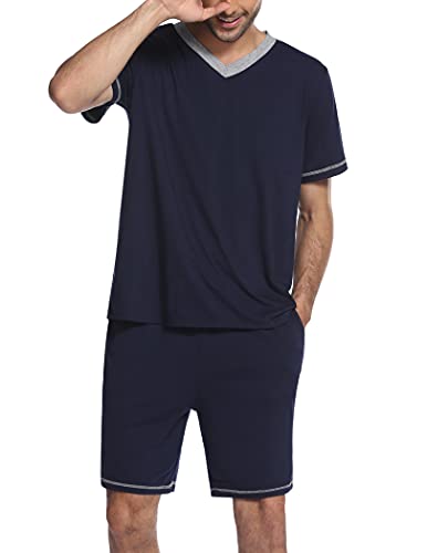 Ekouaer Schlafanzug Herren Kurz V-Ausschnitt Nightwear Set Pyjamaset Sommer Schlafanzüge für Herren Navyblau M von Ekouaer