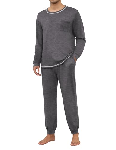 Ekouaer Schlafanzug Herren Lang Baumwolle Herren Pyjamas Set Herrenschlafanzug Langarm Schlafanzug Männer Nachtwäsche Loungewear Sleepwear Dunkelgrau L von Ekouaer