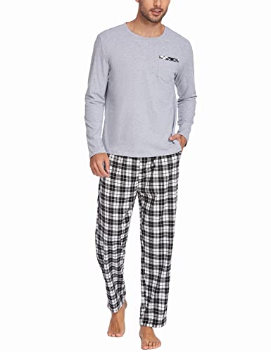 Ekouaer Schlafanzug Herren Lang Baumwolle Winter Pyjama Set Langarm Nachtwäsche Langarm Shirt mit Tasche Karierter Hose Zweiteilig Set Grau S von Ekouaer