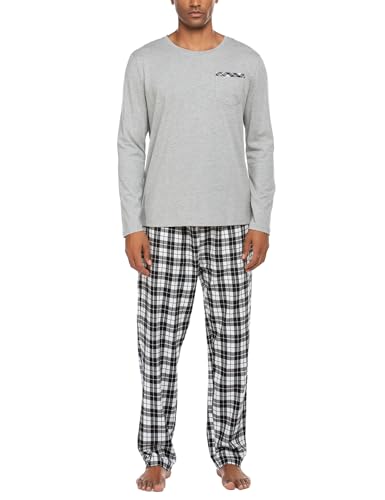 Ekouaer Schlafanzug Herren Lang Baumwolle Winter Pyjama Set Langarm Nachtwäsche Langarm Shirt mit Tasche Karierter Hose Zweiteilig Set Grau S von Ekouaer