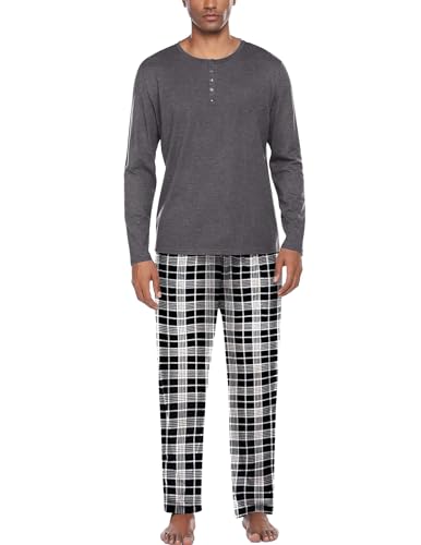 Ekouaer Schlafanzug Herren Lang Pyjama Langarm Henley Winter Kariert Schlafanzughose Zweiteilig Set Warm Hausanzug Dunkel Grau M von Ekouaer