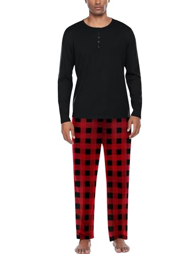 Ekouaer Schlafanzug Herren Lang Pyjama Langarm Henley Winter Kariert Schlafanzughose Zweiteilig Set Warm Hausanzug Schwarz Rot XL von Ekouaer