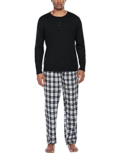 Ekouaer Schlafanzug Herren Lang Pyjama Langarm Henley Winter Kariert Schlafanzughose Zweiteilig Set Warm Hausanzug Schwarz Weiß XL von Ekouaer