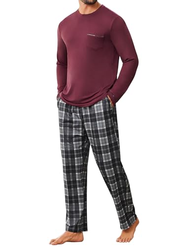 Ekouaer Schlafanzug Herren Lang Pyjama Set Langarm Nightwear Set Karierte Hose Winter Bequem, Dunkelrot, XXL von Ekouaer