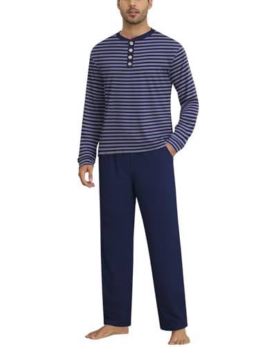 Ekouaer Schlafanzug Herren Lang Pyjama Set Winter Warm Loungewear, Blaue Streifen, XXL von Ekouaer