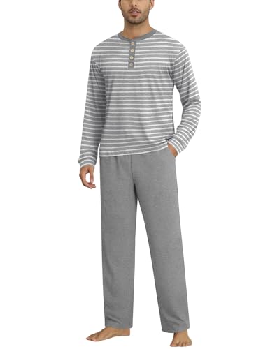 Ekouaer Schlafanzug Herren Lang Pyjama Set Winter Warm Loungewear, Graue Streifen, XXL von Ekouaer