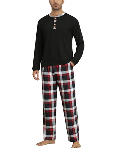 Ekouaer Schlafanzug Herren Lang Pyjama Set Winter Warm Loungewear, Schwarz, XXL von Ekouaer