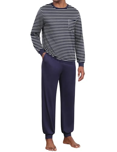 Ekouaer Schlafanzug Herren Lang Männer Pyjama Set mit Brusttasche Sleepwear, Schwarze Streifen + Marineblau, XXL von Ekouaer