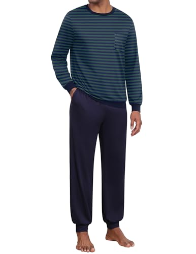 Ekouaer Schlafanzüge für Herren Streifen Pyjama Lang Nachtwäsche mit Tasche und Bündchen Loungewear Nightwear, GrüN Gestreift + Marineblau, M von Ekouaer