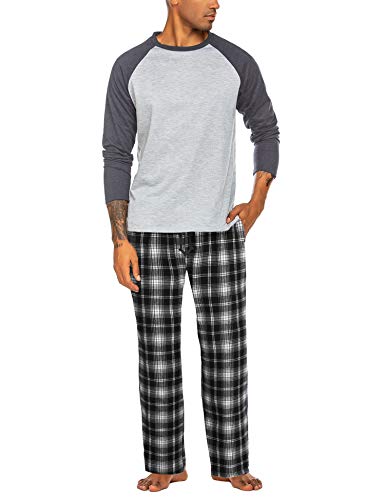 Ekouaer Schlafanzug Herren Lang Winter Zweiteiliger Pyjama Set Rundhals Karierte Lange Hose, Grau, L von Ekouaer