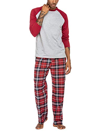 Ekouaer Schlafanzug Herren Lang Winter Zweiteiliger Pyjama Set Rundhals Karierte Lange Hose, Rot-Grau, L von Ekouaer