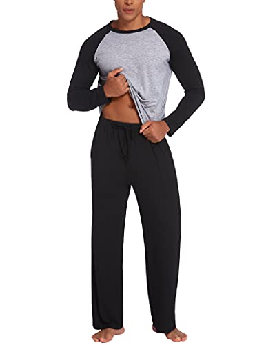 Ekouaer Schlafanzug Herren Lang Winter Zweiteiliger Pyjama Set Rundhals Karierte Lange Hose, Schwarz, L von Ekouaer