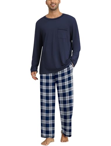 Ekouaer Schlafanzug Herren Lang Zweiteiliger Pyjama Set Winter Loungewear Warm Kariert Hausanzug mit Taschen, Blau Kariert L von Ekouaer