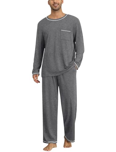 Ekouaer Schlafanzug Herren Lang Zweiteiliger Pyjama Set Winter Loungewear Warm Kariert Hausanzug mit Taschen, Grau L von Ekouaer