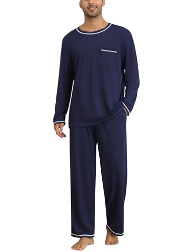 Ekouaer Schlafanzug Herren Lang Zweiteiliger Pyjama Set Winter Loungewear Warm Kariert Hausanzug mit Taschen, Navyblau XXL von Ekouaer