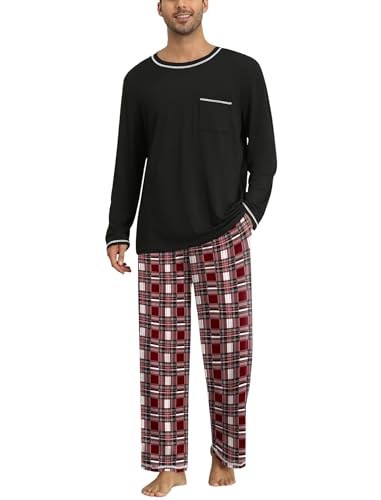 Ekouaer Schlafanzug Herren Lang Zweiteiliger Pyjama Set Winter Loungewear Warm Kariert Hausanzug mit Taschen, Rot Kariert M von Ekouaer