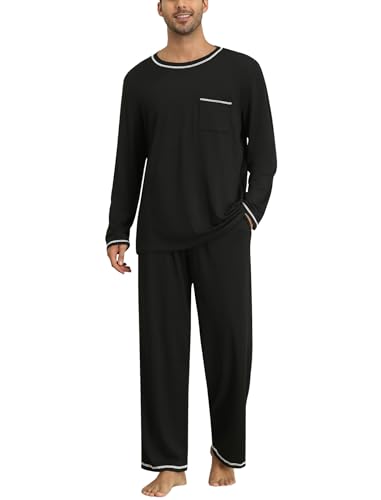 Ekouaer Schlafanzug Herren Lang Zweiteiliger Pyjama Set Winter Loungewear Warm Kariert Hausanzug mit Taschen, Schwarz M von Ekouaer