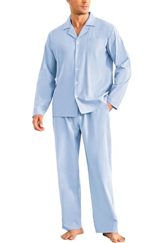 Ekouaer Schlafanzug Herren Lang Knopfleiste Nightwear Set Pyjama Baumwolle Pyjamaset Winter mit V-Ausschnitt Warm Zweiteiliger, Hellblau, XXL von Ekouaer