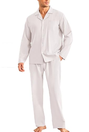Ekouaer Schlafanzug Herren Lang Knopfleiste Nightwear Set Pyjama Baumwolle Pyjamaset Winter mit V-Ausschnitt Warm Zweiteiliger, Weiß, XXL von Ekouaer