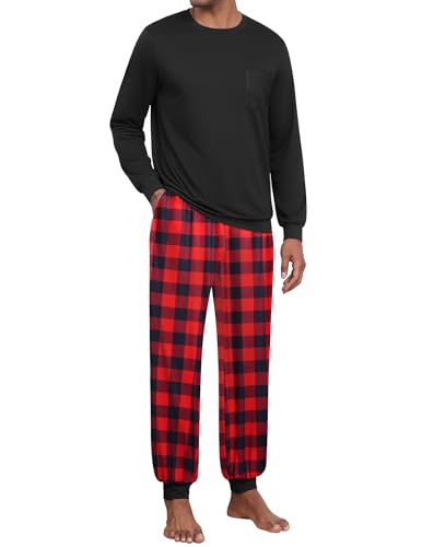 Ekouaer Schlafanzug Herren Pyjama Männer Kariert Pjama mit Tasche Pijamas Loungewear Sleepwear, Schwarz + Rot, 3XL von Ekouaer