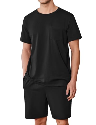 Ekouaer Schlafanzug Herren Kurz Baumwolle Sommer Pyjama Set Kurzarm und Shorts, Schwarz, S von Ekouaer