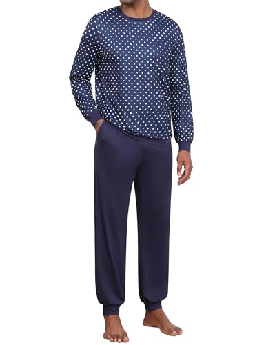Ekouaer Schlafanzug Herren Streifen Pyjama Herren mit Tasche und Bündchen Loungewear, WeißE Flecken + Marineblau, S von Ekouaer