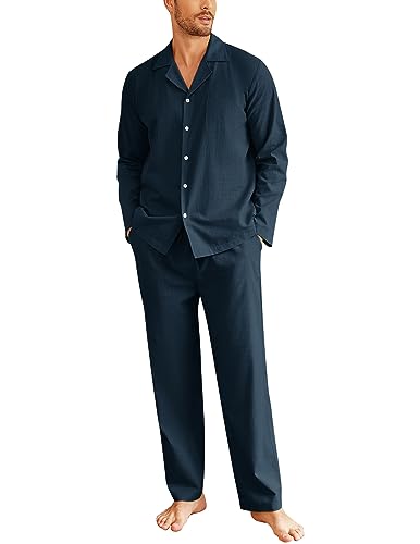 Ekouaer Schlafanzug Herren Winter Pyjama-Set Lang Schlafanzugset Warm Baumwolle Knopfleiste mit V-Ausschnitt Langarm Knopfleiste, Navyblau, XL von Ekouaer
