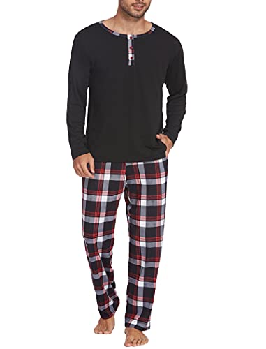 Ekouaer Schlafanzug Herren Zweiteiliger Lang Pyjama Set Nachtwäsche Langarm Oberteil und Karierte Schlafanzughose Sleepwear Schwarz M von Ekouaer