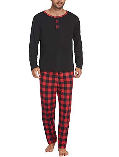 Ekouaer Schlafanzug Herren Zweiteiliger Lang Pyjama Set Nachtwäsche Langarm Oberteil und Karierte Schlafanzughose mit Seitentaschen Sleepwear Schwarz und Rot L von Ekouaer