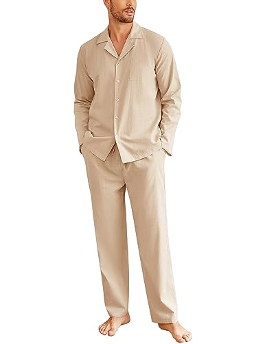 Ekouaer Schlafanzug Herren Lang aus 100% Baumwolle Pyjama mit V-Ausschnitt Knopfleiste Pyjamaset Winter Langarm Zweiteiliger Nachtwäsche, Khaki, XXL von Ekouaer