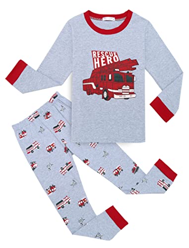 Ekouaer Schlafanzug Jungen Lang Baumwolle Pyjama Set Kinder Kinderschlafanzüge Dinosauriersaurier Bagger Feuerwehrauto Herbst Winter Nachtwäsche Rot 104/116/128 von Ekouaer