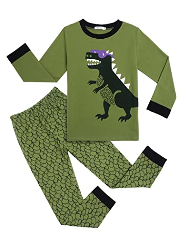 Ekouaer Schlafanzug Jungen Lang Baumwolle Pyjama Set Kinder Kinderschlafanzüge Dinosauriersaurier Bagger Feuerwehrauto Herbst Winter Nachtwäsche Grün 104/116/128 von Ekouaer