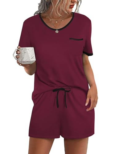 Ekouaer Schlafanzug Kurz Damen Pyjama 2-teiliges Loungewear Set Oberteile und Shorts weiche Nachtwäsche Brusttasche, Rot, L von Ekouaer