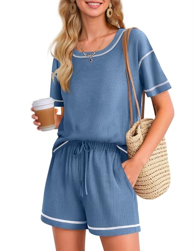 Ekouaer Schlafanzug Kurz Damen Sommer Shorty Pyjama Rundhals Weiche Pyjama Set Damen Pyjama Set mit Knopfleiste Zweiteiliger Hausanzug Blau XL von Ekouaer