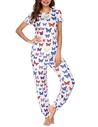 Ekouaer Schlafanzug Mädchen Kurzarm Pyjama Set lang Zweiteilige Nachtwäsche Hausanzug mit U Ausschnitt Schmetterling XL von Ekouaer
