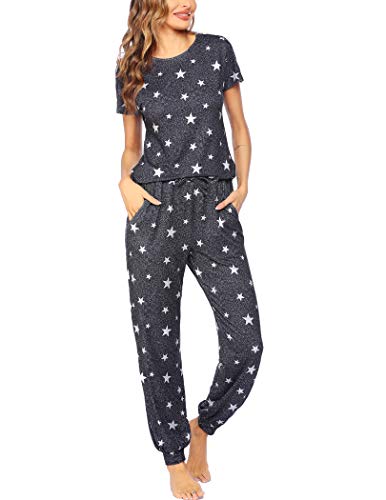 Ekouaer Schlafanzug Mädchen Kurzarm lang Pyjama Set mit Rundhals Zweiteilige Nachtwäsche Hausanzug Sommer Grau Stern M von Ekouaer