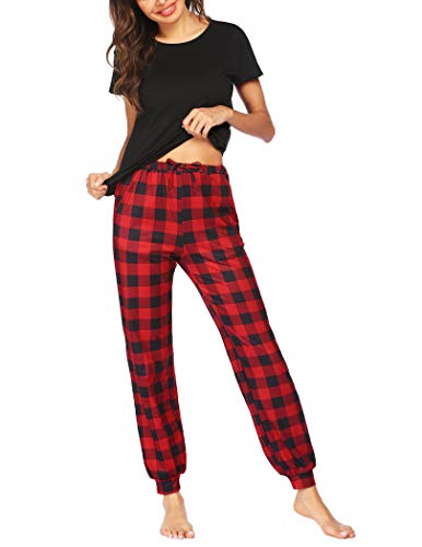 Ekouaer Schlafanzug Mädchen Kurzarm lang Pyjama Set mit Rundhals Zweiteilige Nachtwäsche Hausanzug für Sommer Rot Kariert M von Ekouaer