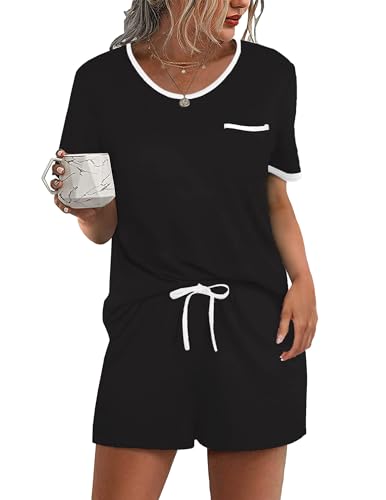 Ekouaer Damen Pyjama Set Kurz Schlafanzug 2-teiliges Loungewear Set Oberteile und Shorts weiche Nachtwäsche Brusttasche, Schwarz, S von Ekouaer