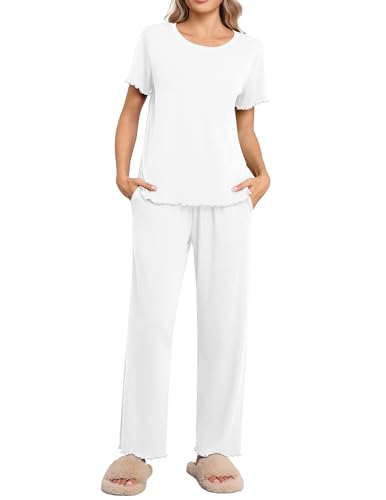 Ekouaer Schlafanzug für Damen Kurzarm Rundhals Pyjamas Lang Zweiteiliger Nachtwäsche Set Winter Herbst Sleepwear Hausanzug Weiß M von Ekouaer
