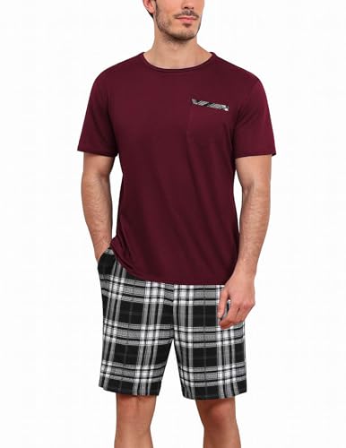 Ekouaer Schlafanzug für Herren Kurz Pyjamaset Weich Kurzarm Nachtwäsche Kurz Pyjamahose T Shirt Shorts Zweiteiliges, Dunkelrot+Karierter, XL von Ekouaer