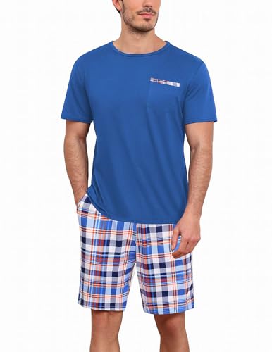 Ekouaer Schlafanzug für Herren Kurz Pyjamaset Weich Kurzarm Nachtwäsche Kurz Pyjamahose T Shirt Shorts Zweiteiliges, Himmelblau+Karierter, XL von Ekouaer