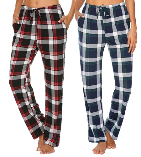 Ekouaer Schlafanzughose Damen Lang Karierte Pyjamahose Winter Weich Nachtwäsche Hose Freizeithose mit Taschen und Kordelzug Kariert L von Ekouaer