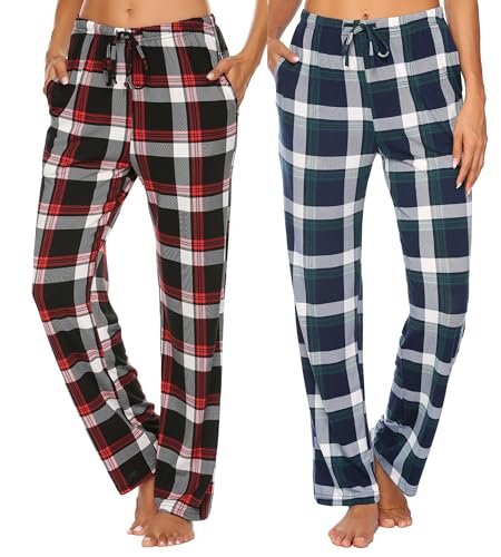 Ekouaer Schlafanzughose Damen Lang Karierte Pyjamahose Winter Weich Nachtwäsche Hose Freizeithose mit Taschen und Kordelzug Kariert Weites Bein Freizeithose L von Ekouaer