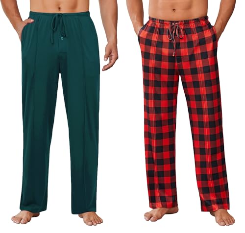 Ekouaer Schlafanzughose Herren Lang Bequeme Atmungsaktiv mit Taschen Pyjama Hose Loungewear Bottoms,Einfarbig Blaugrün+Karierte Rot S von Ekouaer
