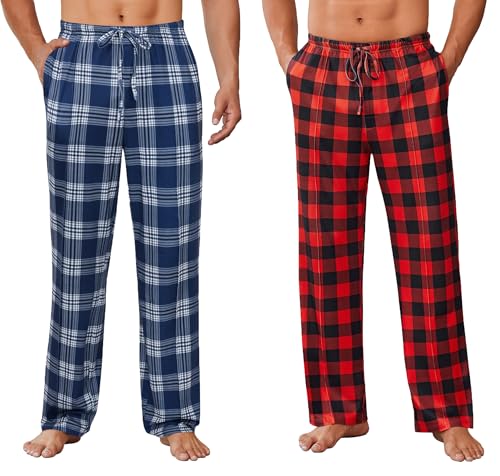 Ekouaer Schlafanzughose Herren Lang Bequeme Atmungsaktiv mit Taschen Pyjama Hose Loungewear Bottoms,Karierte Rot+Karierte Blau S von Ekouaer