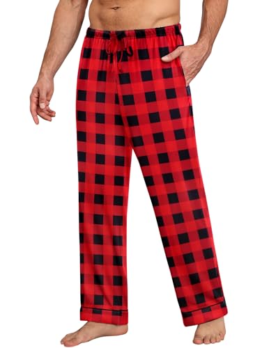 Ekouaer Schlafanzughose Herren Lang Leicht Luftig Pyjamahose Sommer Loungewear Kariert Pyjama Hose mit Taschen Rot+Schwarz XXL von Ekouaer